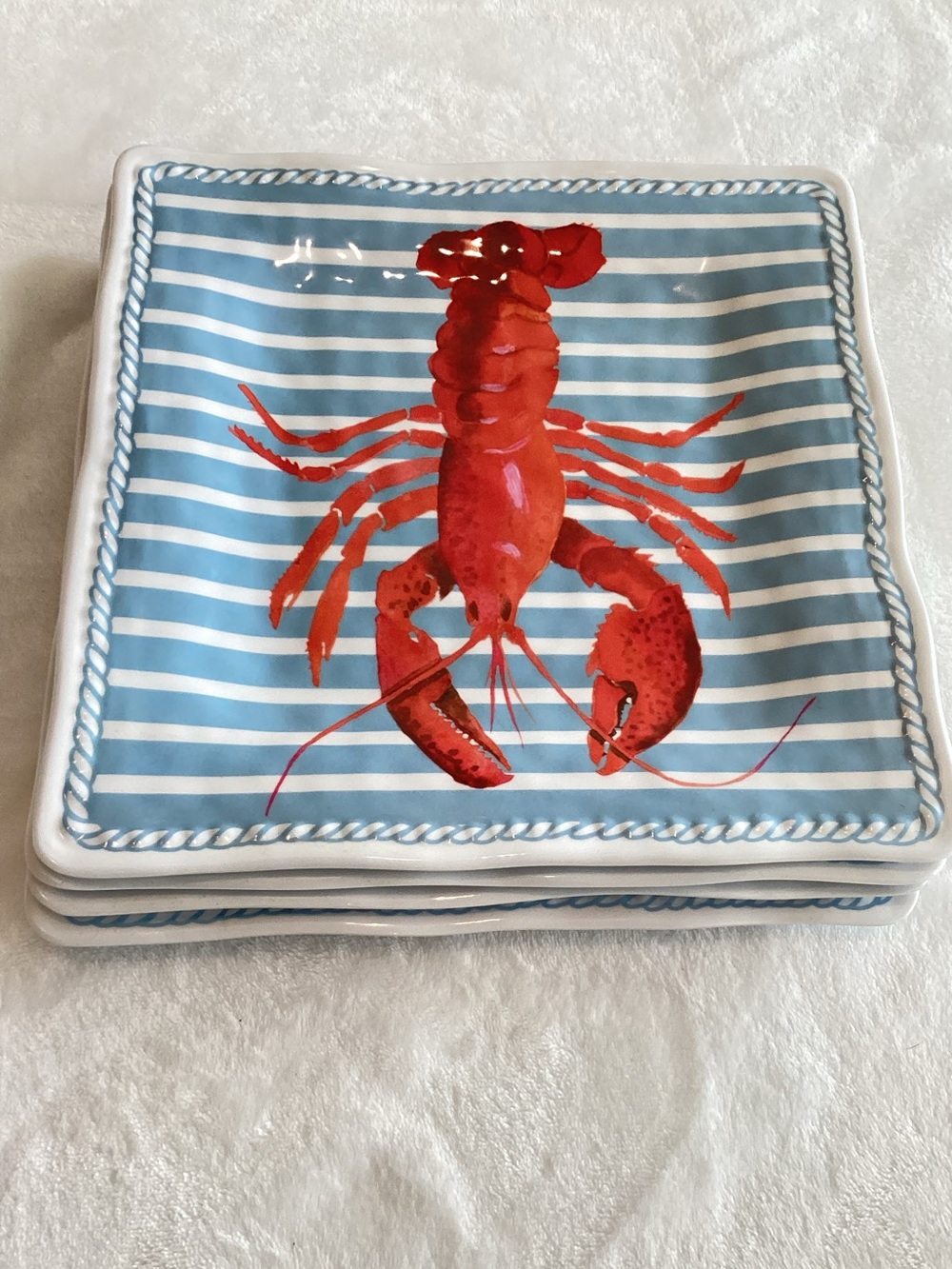 Cynthia Rowley Melamine Plates Lobster Seafood Red Blue Set of 4 Square